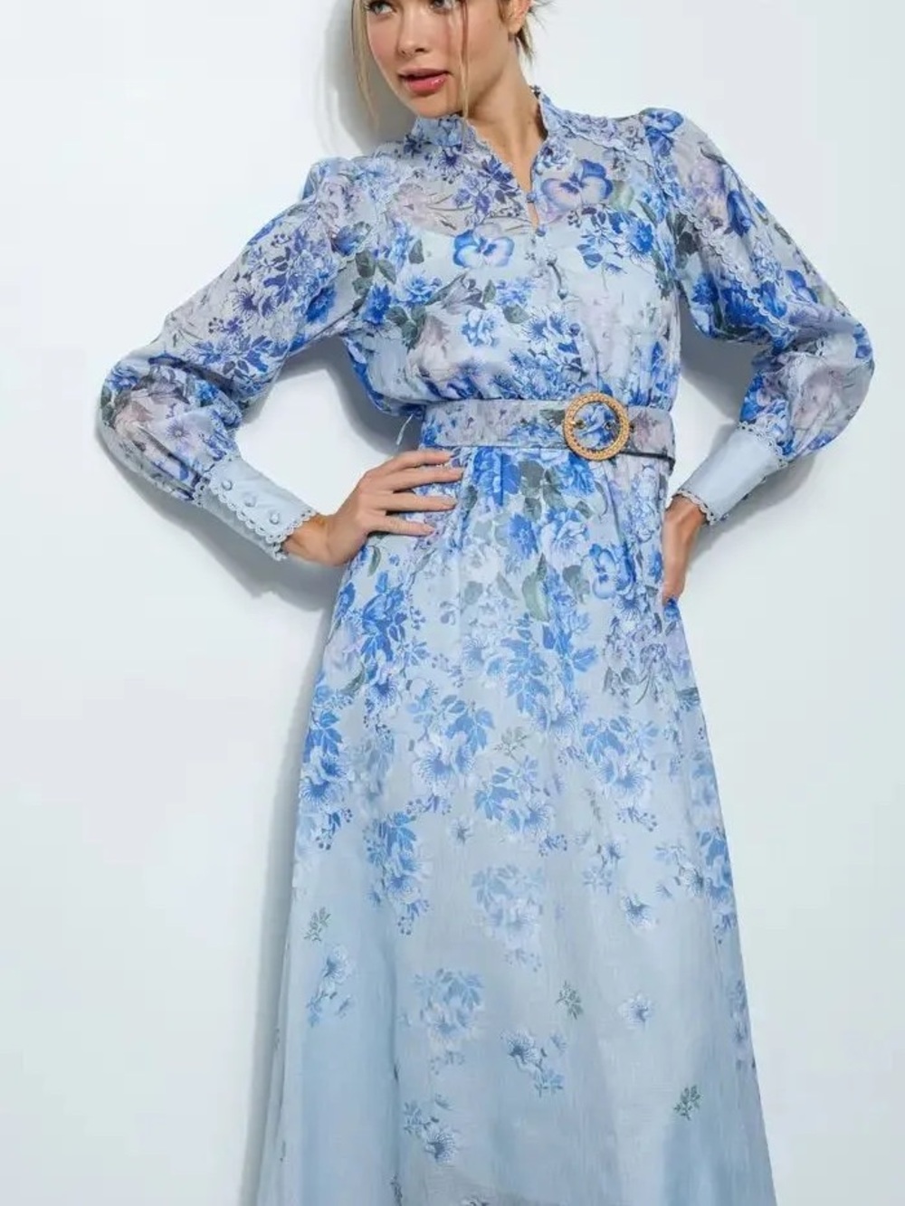 INA Blue Hydrangea Floral Watercolor Lace Trim MIDI Dress Sz Medium NWT